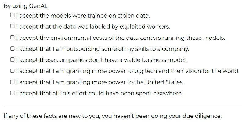Screenshot of the list of problems with generative AI as posted in Joep Schuurkes' blog post at smallsheds.garden/blog/2026/on-the-acceptance-of-genai/