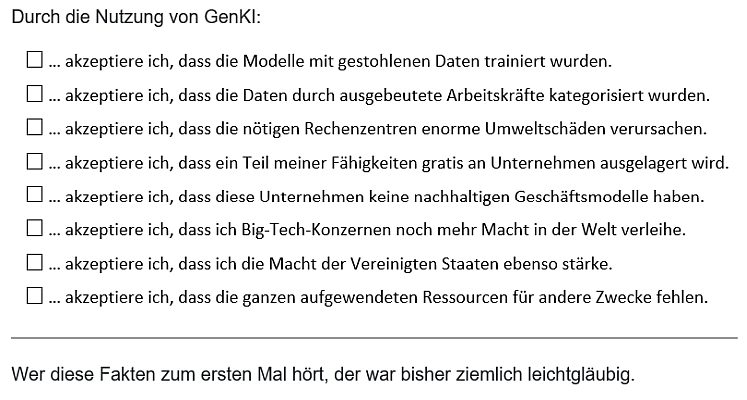 Screenshot einer Liste der Probleme, die von generativer KI verursacht werden. Das Original findet sich im Blog von Joep Schuurkes unter smallsheds.garden/blog/2026/on-the-acceptance-of-genai/